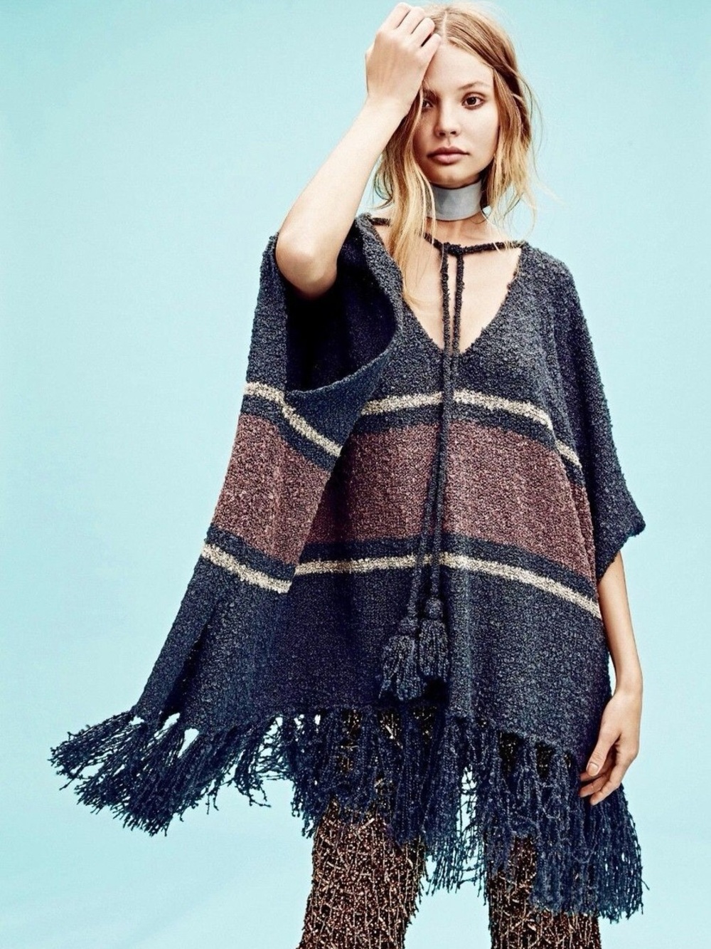 Free People / Striped Fringe Juno Boucle Boho Poncho Sweater One Size Grey
